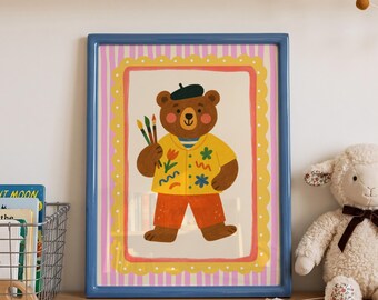 Artist Bear Nursery Print, Cute Bear Painter Kids Room Wall Art, Woodland Animal Poster, Toddler Bedroom Decor, Whimsical Kids Art Print