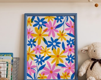 Flower pattern Poster Modern nursery wall art Botanical art print Girl's room Living room decor Bold prints Eclectic room Dopamine colors