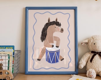Horse playing music nursery poster, drum playroom decor, animal print, whimsical music theme print, modern kids wall art, boho pastel