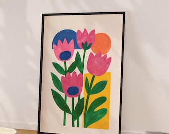 Stampa di tulipani del mercato dei fiori, arte murale floreale boho, poster del mercato dei fiori, stampa per soggiorno, decorazione da parete per camera da letto, stampe floreali astratte moderne