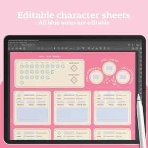 May include: A digital character sheet for Dungeons and Dragons with a pink background. The sheet includes sections for spell slot tracker, spell save DC, spell modifier, and spell attack bonus. The sheet is editable, with blue areas that can be filled in with information.