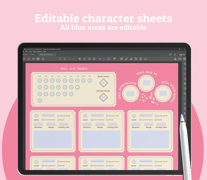 May include: A digital character sheet for Dungeons and Dragons with a pink background. The sheet includes sections for spell slot tracker, spell save DC, spell modifier, and spell attack bonus. The sheet is editable, with blue areas that can be filled in with information.