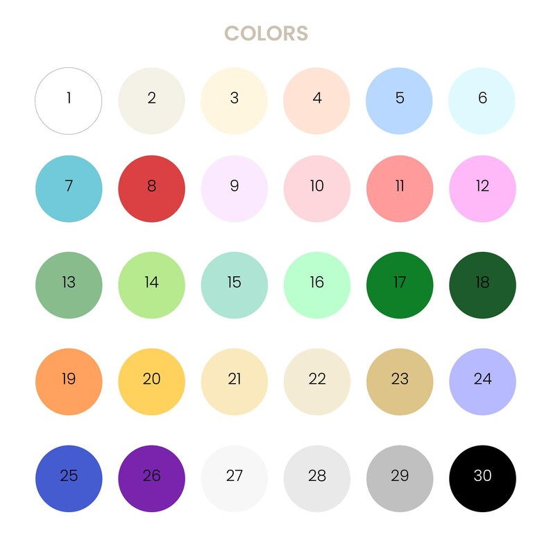 May include: A colour chart with 30 different colours, numbered 1 through 30. The colours are arranged in rows of six, with the numbers above each colour.