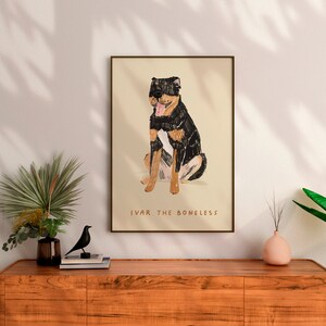 May include: A digital illustration of a black and brown dog sitting with its tongue out. The dog is labeled "Ivar the Boneless".
