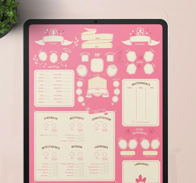 May include: A pink and cream character sheet for a tabletop role-playing game. The sheet includes sections for class, weapon, HP, archetype, instruments, strength, dexterity, constitution, intelligence, wisdom, charisma, class resources, and languages.