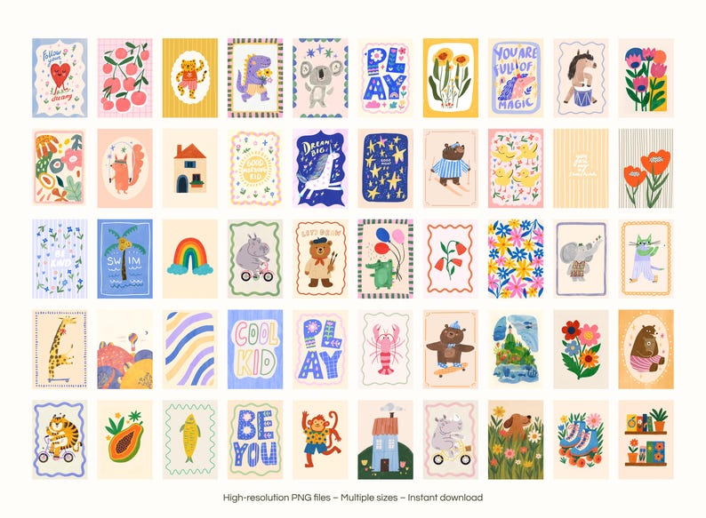 May include: A collection of colorful, illustrated art prints featuring various animals, plants, and inspirational phrases. The prints have a whimsical style and are framed with decorative borders. The text "COOL KID" and "BE YOU" are visible.