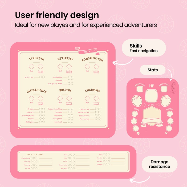 May include: A pink and cream character sheet for Dungeons and Dragons role-playing games. The sheet includes sections for Strength, Dexterity, Constitution, Intelligence, Wisdom, Charisma, Skills, Stats, and Damage Resistance.