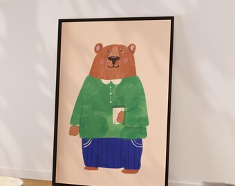 Lámina decorativa para habitación infantil con diseño de oso caprichoso, lámina con temática de bosque para dormitorio infantil, lámina de animales divertida, láminas retro de osos geniales.