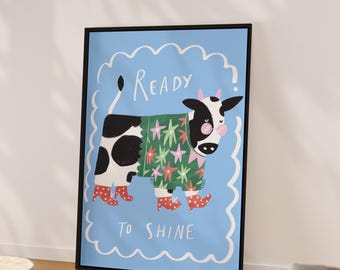 Estampado de vaca para guardería, animales juguetones, arte de pared moderno para niños, arte de pared imprimible, divertidos estampados para sala de juegos Montessori para niños, granja para bebés y niños pequeños.