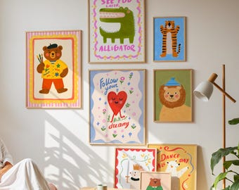 Paquete de láminas decorativas infantiles con más de 70 pósteres imprimibles / Conjunto de decoración moderna para guardería / Láminas de animales para sala de juegos / Decoración de habitaciones con ilustraciones retro