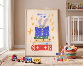 Nursery wall art Kids wall art Children Reading inspired bunny art Kids reading Book club print Book kids prints Love reading art Rabbit