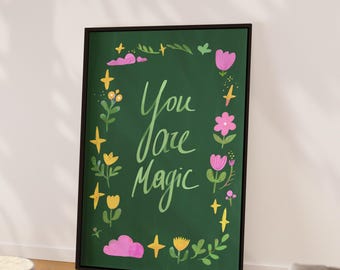 Lámina decorativa moderna para pared con la frase "Eres magia", descarga digital, láminas con mensajes de afirmación, motivación, decoración para habitaciones infantiles, póster retro.