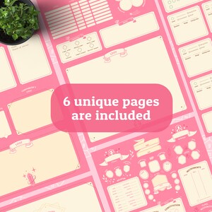 May include: Six printable pages for Dungeons and Dragons character sheets. The pages are pink with white and yellow accents. The pages include sections for character stats, weapons, loot, and more.
