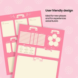 May include: Pink printable Dungeons and Dragons character sheet with sections for session log, combat, attacks, wealth, loot, and equipment. The sheet has a whimsical design with dice and floral accents.