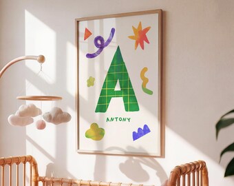 Decoración de habitación infantil, impresión de nombre personalizada, arte personalizado, arte mural moderno para niños, decoración de guardería, impresión para niños pequeños, arte mural único con letras de nombre