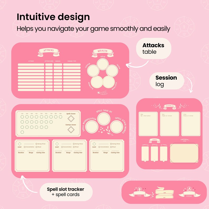May include: Pink and cream colored printable Dungeons and Dragons character sheet with sections for attacks, wealth, spell slots, spell save DC, spell attack bonus, session log, and spell cards.