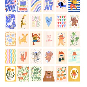 K&ouml;nnte beinhalten: Eine Sammlung farbenfroher Kunstdrucke mit Illustrationen von Tieren und ermutigenden S&auml;tzen wie "BE YOU" und "YOU ARE SO LOVED". Die Kollektion umfasst verschiedene Gr&ouml;&szlig;en und Designs, die als Sofort-Downloads verf&uuml;gbar sind.