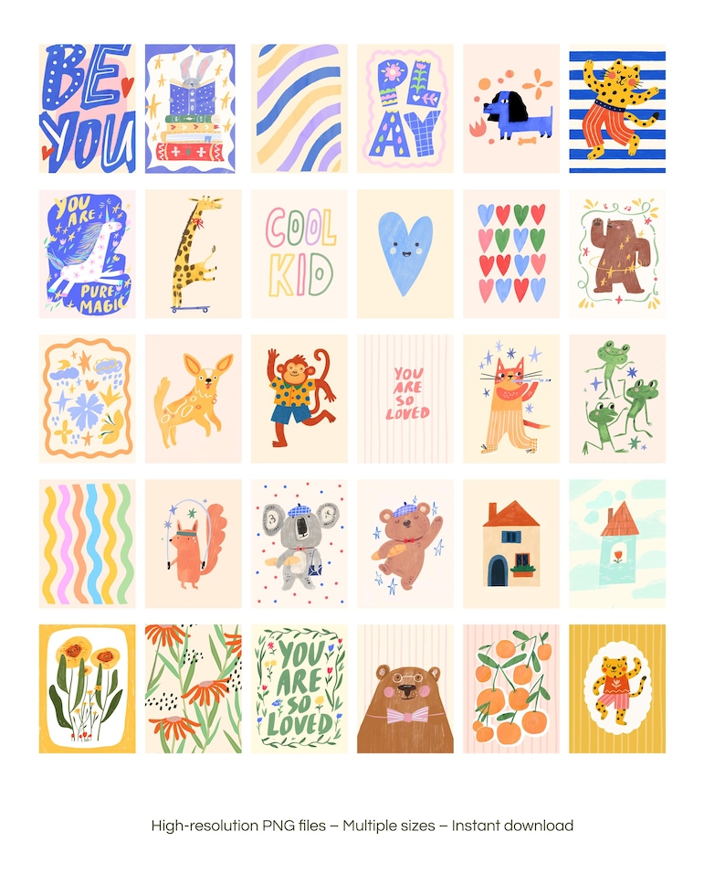 K&ouml;nnte beinhalten: Eine Sammlung farbenfroher Kunstdrucke mit Illustrationen von Tieren und ermutigenden S&auml;tzen wie "BE YOU" und "YOU ARE SO LOVED". Die Kollektion umfasst verschiedene Gr&ouml;&szlig;en und Designs, die als Sofort-Downloads verf&uuml;gbar sind.