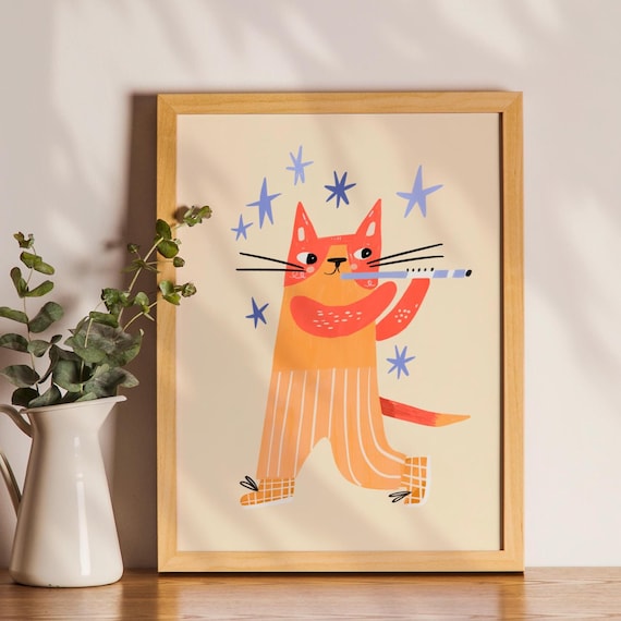 Kids bedroom decor Boy's room decor Cute Nursery Decor Modern kids room Girl's room Music theme Whimsical cat poster Baby room  Cute cat art