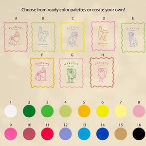 May include: A collection of eight rectangular labels labeled A through H, each featuring a scalloped border and a line-art illustration of a dog or cat with custom text. Below, sixteen numbered circles display a variety of solid color options.