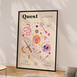May include: A framed poster with a cream background featuring the text Quest, Create your epic saga, Dungeons & Dragons Awaits, Embrace Legends, Critical Hit, Your Journey starts here, Legendary, and D&D victories begin with hit dice rolls.