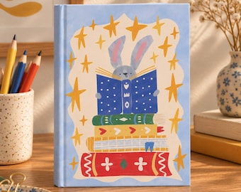 Book Lover Notebook, Bunny Reading Book Club Journal,  Teacher Literary Gift, Kids Adult Diary Notes, Whimsical Stationery Gift for Readers