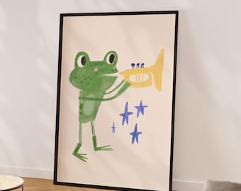 Frosch-Poster Jungenzimmer Dekor Musikkröte Kröte Retro Kinderzimmer Kleinkind Modernes Kinderzimmer Mädchen Wunderliches Plakat Babyzimmer Netter Froschkunst Waldland