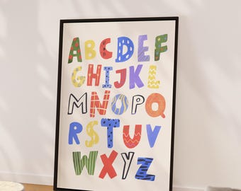 Lámina del alfabeto para guardería, arte mural ABC, decoración imprimible para habitación infantil, póster educativo para bebés, arte mural moderno para guardería o sala de juegos, lámina colorida