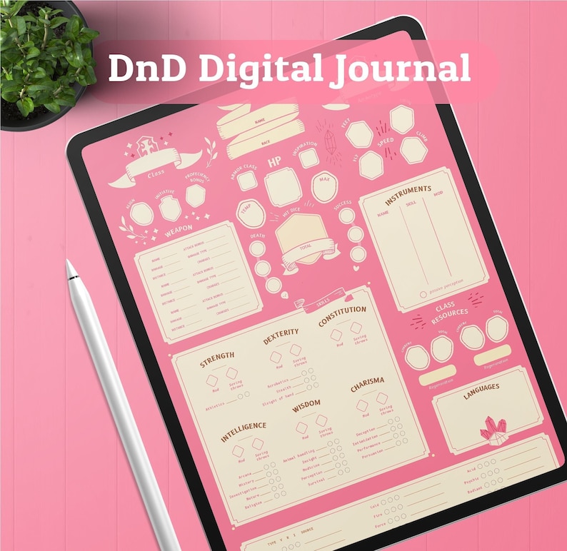 May include: A digital journal template for Dungeons and Dragons (DnD) roleplaying games. The template is on a pink background with white and yellow accents. It includes sections for character stats, skills, weapons, instruments, class resources, and languages.