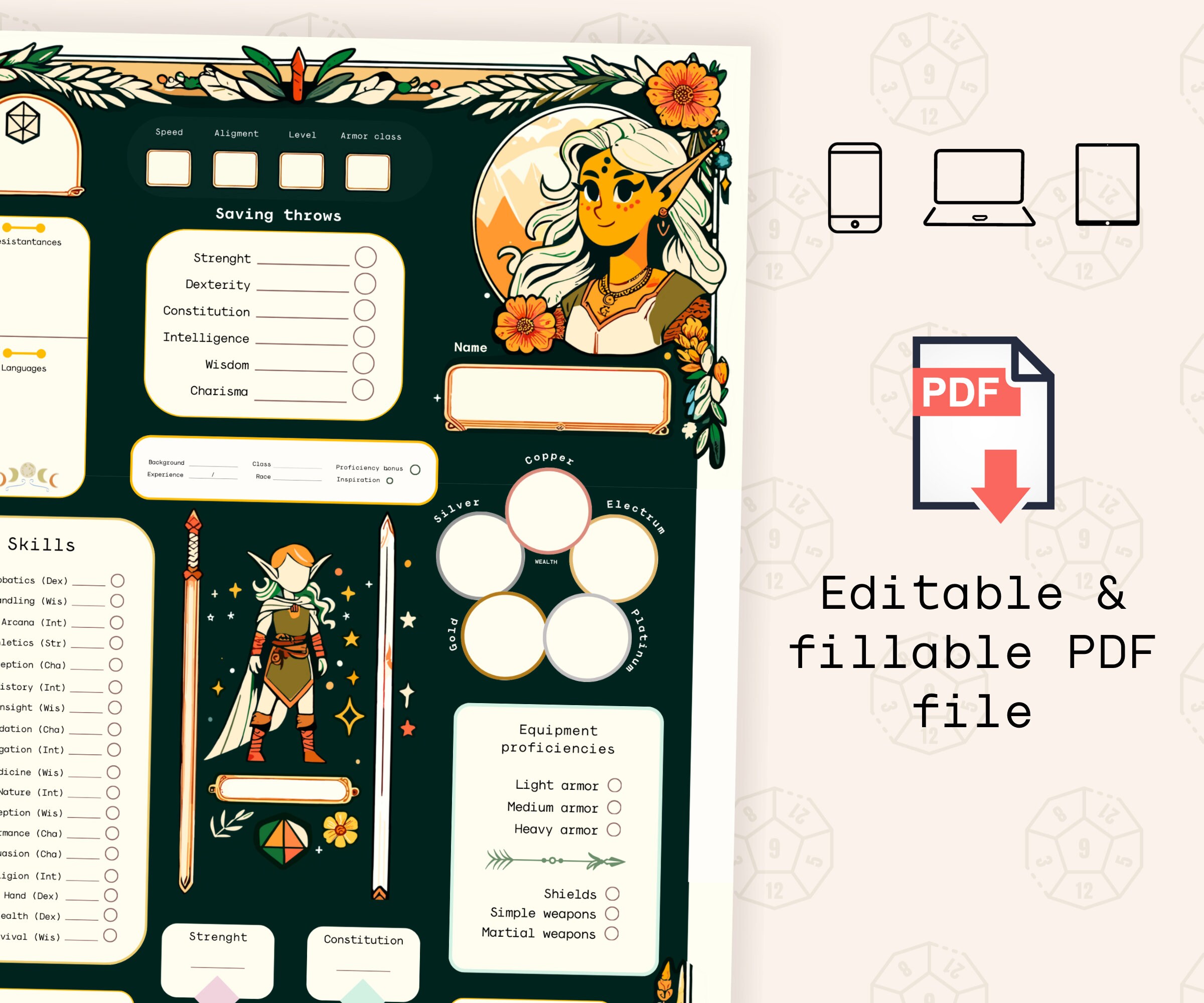dnd-character-sheet-digital-journal-elf-race-dungeons-and-etsy-uk