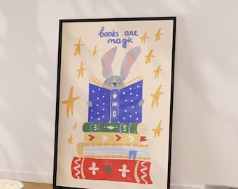Lámina de conejo leyendo, arte mural infantil de animales divertidos, lámina de libros, póster de lectura para guardería, arte mural infantil moderno, decoración para el aula
