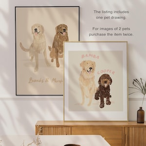 May include: Two digital illustrations of dogs. The first illustration shows two golden retrievers named Banks and Murp. The second illustration shows a golden retriever named Bamba and a brown poodle named Cooper.