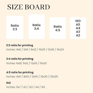 May include: A size board graphic with the title "SIZE BOARD" at the top. It displays print ratios 2:3, 3:4, and 4:5, along with ISO sizes A5, A4, A3, and A2. Includes inch measurements for each ratio, such as 4x6, 6x9, 8x12, etc.