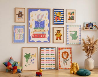 Paquete de arte para la pared de la habitación infantil, juego de 40 láminas para guardería, descarga digital colorida para la sala de juegos, paquete de pósteres de animales divertidos, decoración instantánea para el dormitorio.
