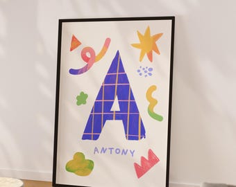 Decoración personalizada para guardería, arte mural con el nombre del bebé, póster imprimible con letras personalizadas, arte mural moderno para niños, letrero personalizado con el nombre del niño para la guardería.