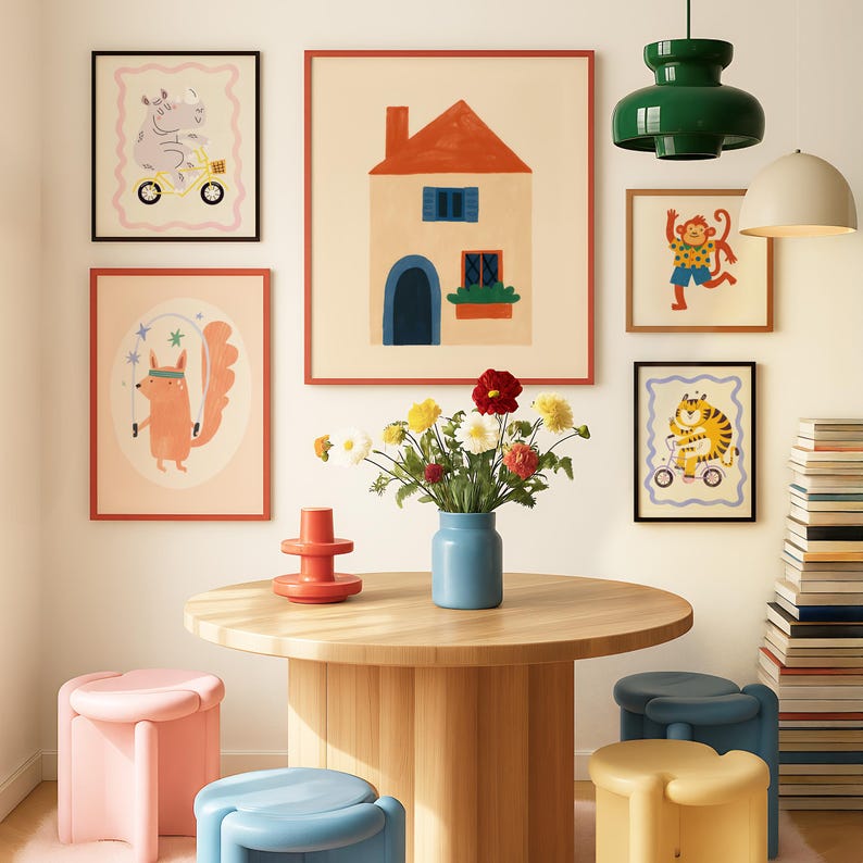 May include: A room with framed art, a round wooden table, and colorful stools. The art includes illustrations of a house, a squirrel jumping rope, a hippo on a bike, a monkey, and a tiger on a bike. A vase of flowers sits on the table.