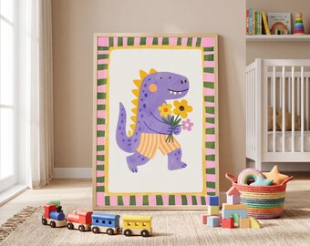 Dinosaur Nursery Print, Cute Dino Kids Room Wall Art, Dino T-rex Poster, Whimsical Toddler Bedroom Decor, Illustrated Childrens Art Print