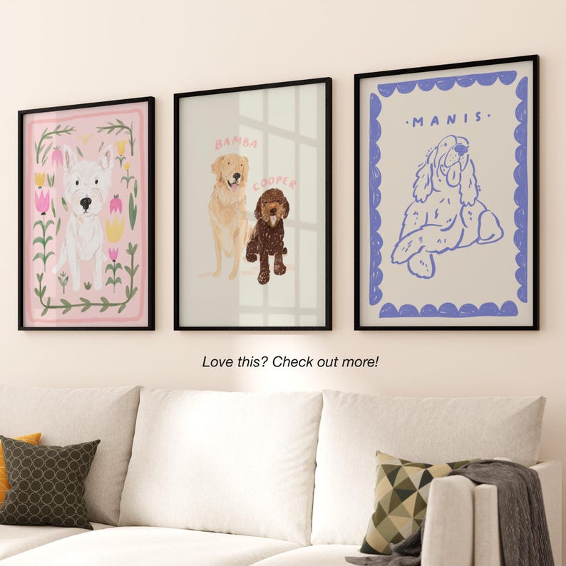 May include: Three framed illustrations of dogs. The first illustration is pink with a white dog and pink flowers. The second illustration is beige with a brown and gold dog. The third illustration is blue with a white dog and the text "MANIS".