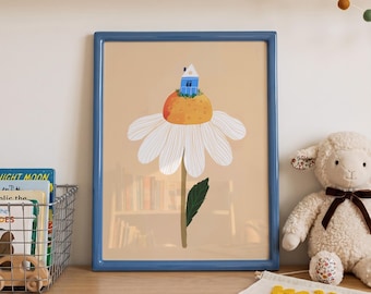 Flower Nursery Print, Daisy Cottage Kids Room Wall Art, Dreamy Nature Poster, Toddler Bedroom Decor, Whimsical Kids Art Print, Cozy prints
