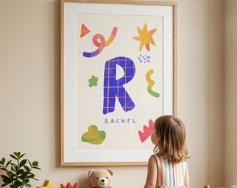 Póster personalizado con el nombre de los niños: letrero personalizado con el nombre y las iniciales para la decoración de la habitación del bebé. Arte mural moderno para niños. Decoración colorida para la sala de juegos.
