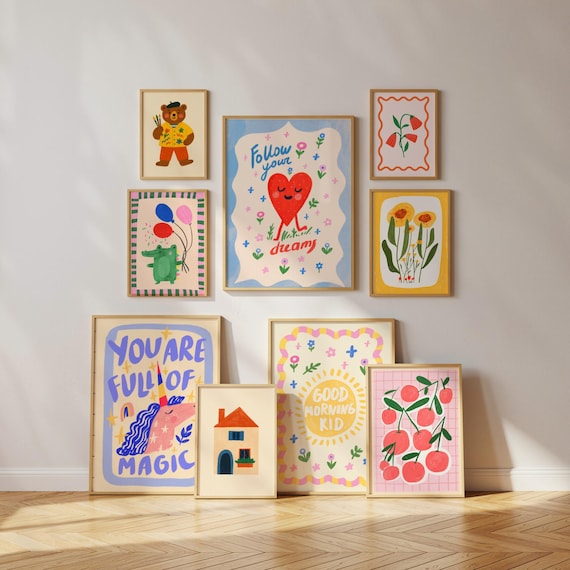 Kid's Room Wall Art Bundle Set of 50 Prints, DIGITAL Download, Nursery wall art, Eclectic Nursery Prints, Playroom Decor, Maximalist Prints