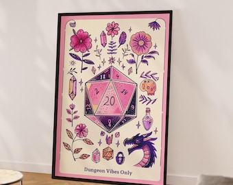 Dnd art print, dnd dice wall art, dnd poster, dnd player gift, girly dnd, gaming room art, game room poster, cute dnd, dnd artwork digital