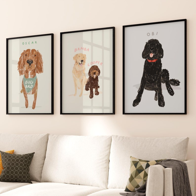 May include: Three framed illustrations of dogs. The first frame is titled "Oscar" and features a brown dog with a green bandana that says "Big Bro". The second frame is titled "Bamba" and features a golden retriever and a brown dog. The third frame is titled "Obi" and features a black dog.
