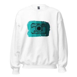 Unisex Photography Sweatshirt | Vintage Camera with Teal Background | Cute Photography Sweater - Photographer Gift - Photography Lover