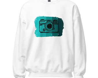 Unisex Photography Sweatshirt | Vintage Camera with Teal Background | Cute Photography Sweater - Photographer Gift - Photography Lover