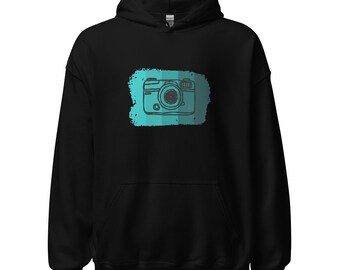 Unisex Photography Hoodie | Vintage Camera with Teal Background | Cute Photography Sweater - Photographer Gift - Photography Lover