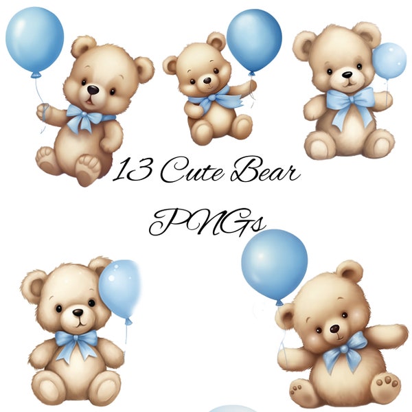 Watercolor Teddy bear clipart, Watercolor baby shower clipart, cute teddy clipart, baby bear printable, Watercolor Bear PNG bundle