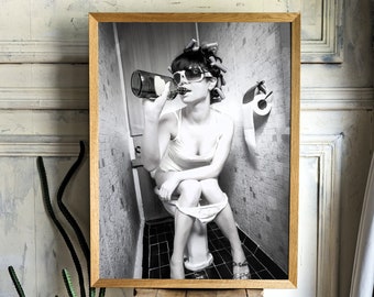 Girl on Toilet Drinking Print, Fashion Wall Art (Digital Download)