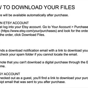 May include: Text-based instructions on how to download digital files purchased from Etsy. The instructions explain how to download files using an Etsy account, how to download files without an Etsy account, and how to download files using the Etsy app.