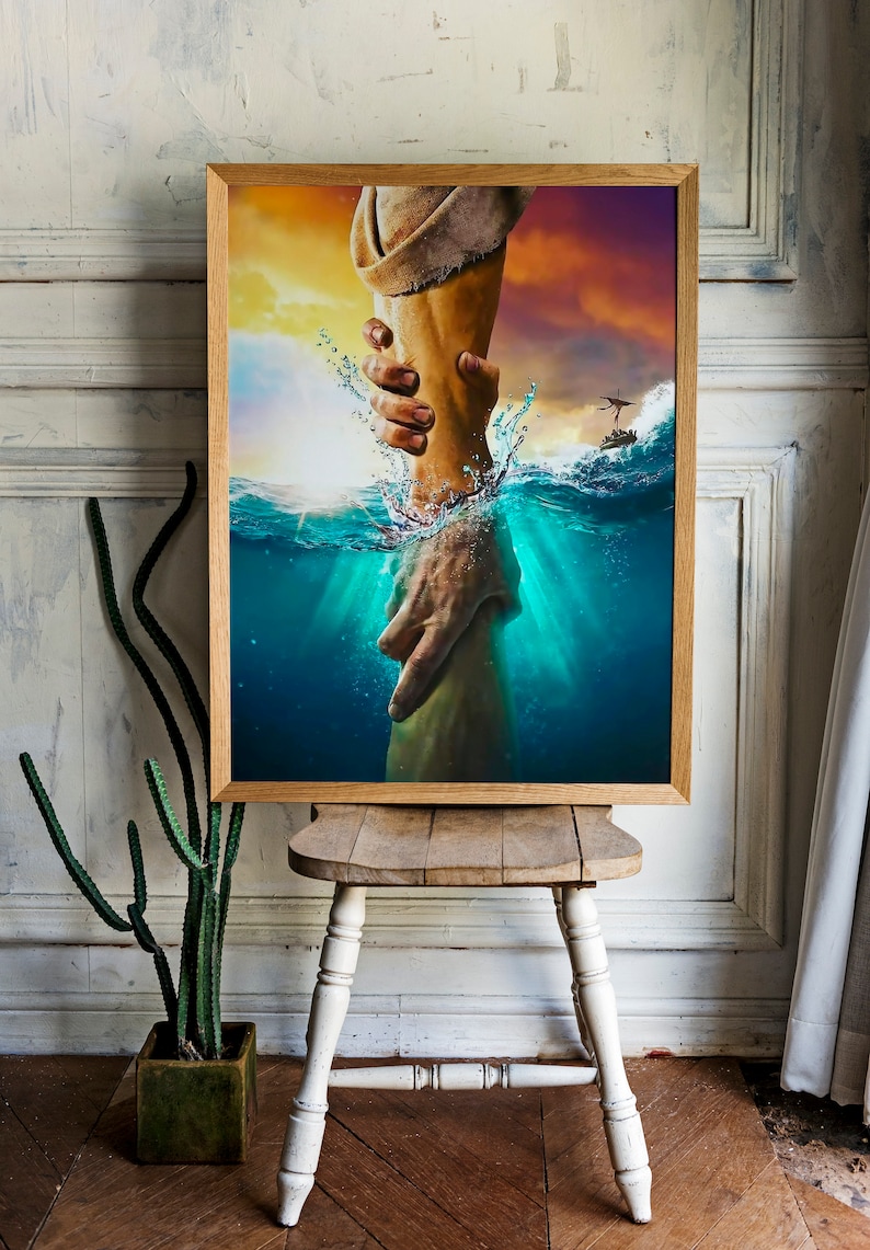 May include: A painting of a hand reaching out from the water to grasp another hand. The hand reaching out is surrounded by a bright light. The background is a stormy sea with a boat in the distance.